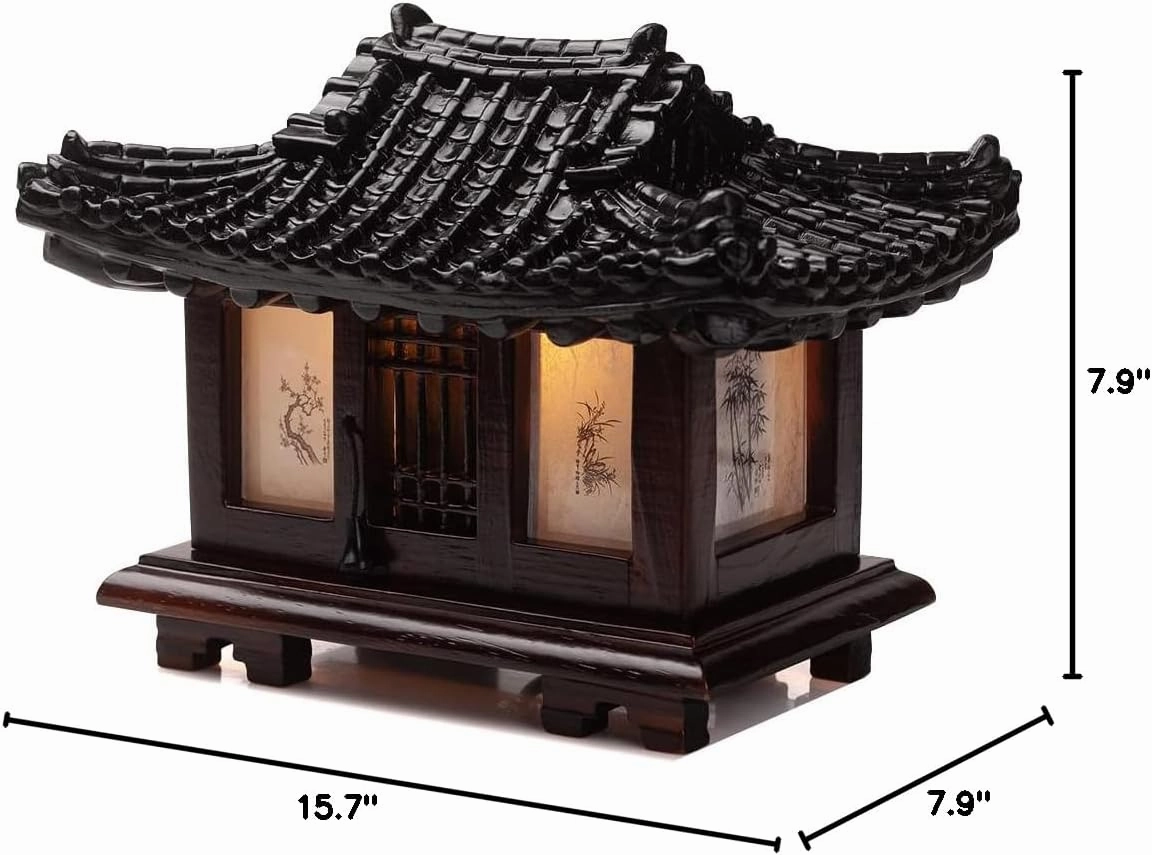 Traditional Korean Wood Lamp | Handmade Asian Oriental Table Lantern | Bedside Bedroom Accent Light | Unique Gift Idea | Pagoda Design (Brown) (Hanok)