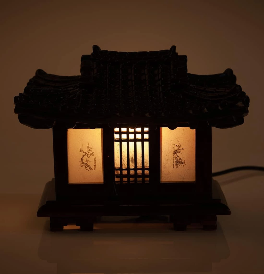 Traditional Korean Wood Lamp | Handmade Asian Oriental Table Lantern | Bedside Bedroom Accent Light | Unique Gift Idea | Pagoda Design (Brown) (Hanok)