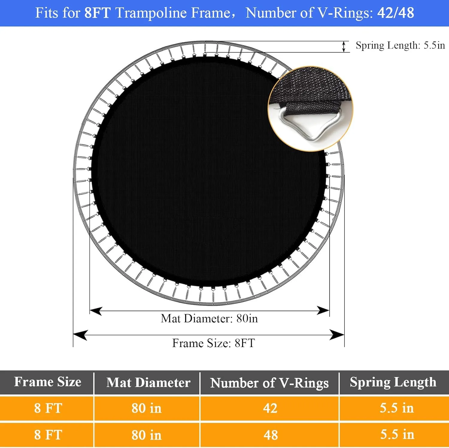 Trampoline Mat, Fits 8FT Frame, with 42/48 V-Rings and Spring Tool, Replacement Jumping Mat, Reinforce, UV-Resistant, Not Include Spring