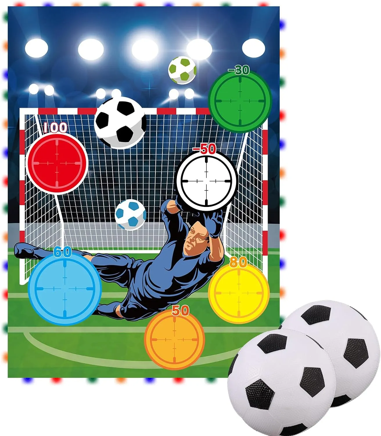 Trampoline Soccer Game Set with Light Strip, Football Moving Kick Toss Goal Target Net with 2 Balls Kids Gifts Indoor Outdoor Sports Toy for 8/10/12/14FT Trampoline Game Accessories