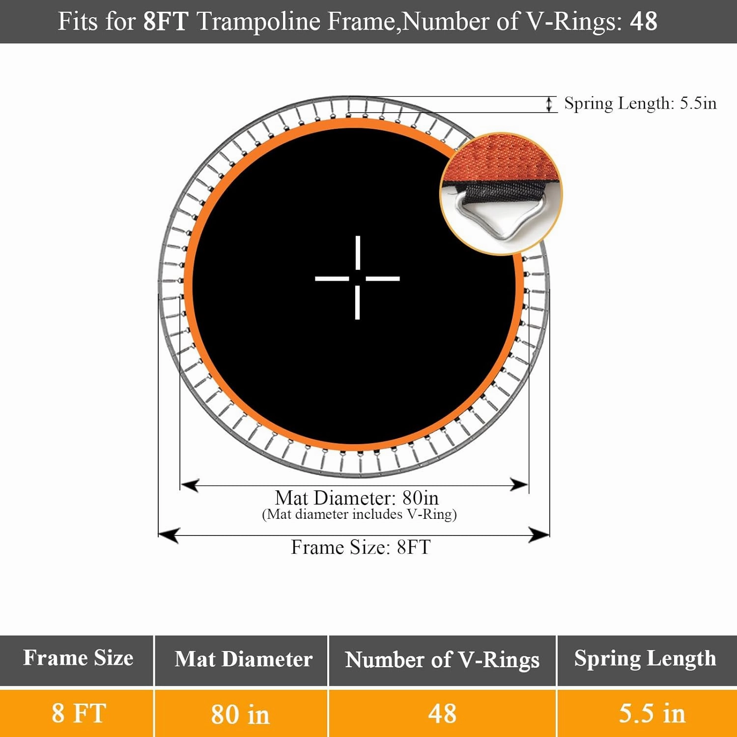 Trampoline Mat, Fits 8FT Round Frame, with 48 V-Rings and Spring Tool, Replacement Jumping Mat for Reinforce, UV-Resistant