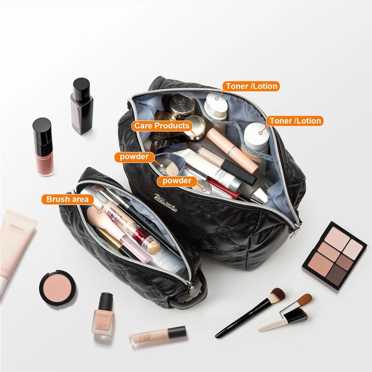 Travel Makeup Bag Cosmetic Organizer: Small Make up Bag for Purse - Preppy Skincare Bags for Women - Cute Zipper Pouch Waterproof Toiletry Bags - Gifts for Girls Friends Teachers (Black)