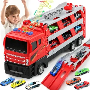 Truck Toys for Ages 2-4, 5-8, Boys Girls 64-Inch Catapulting Racing Track with 6 Metal Cars, Storage and Transporter Toy Trucks for Toddlers 3 4 5 6 7 8, Cool Folding Truck Toys for Kids Gifts