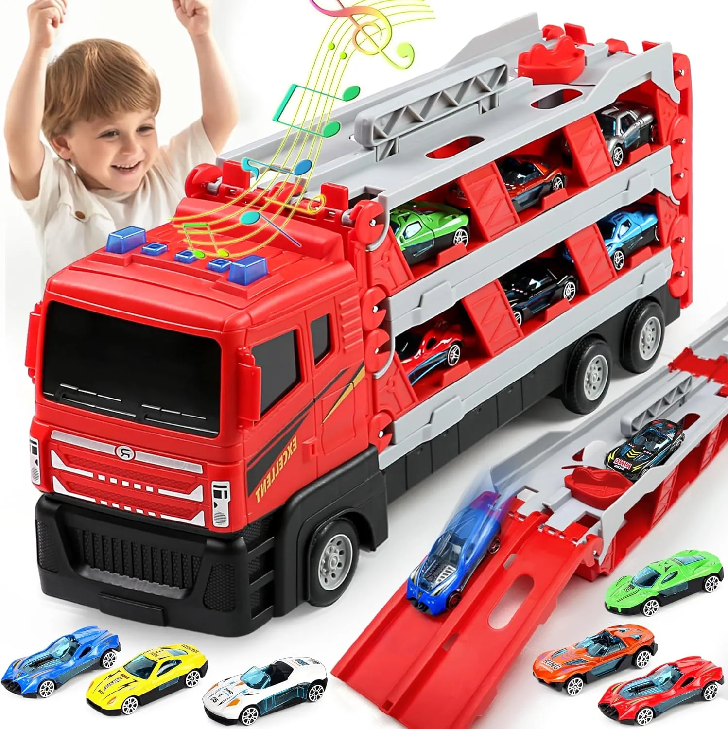 Truck Toys for Ages 2-4, 5-8, Boys Girls 64-Inch Catapulting Racing Track with 6 Metal Cars, Storage and Transporter Toy Trucks for Toddlers 3 4 5 6 7 8, Cool Folding Truck Toys for Kids Gifts