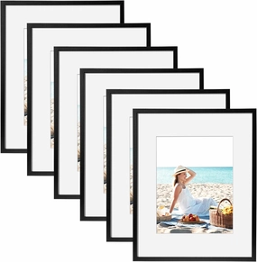 TWING 12 x 16 Picture Frames Set of 6, Display Pictures 8.5x11 with Mat or 12x16 Without Mat, Large Photo Gallery Wall Frame Set Wall Mounting Black Composite Wood