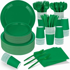 TWOWYHI 228PCS Green Party Supplies Set Include Paper Plates Cups Paper Napkins Plastic Spoons Forks Knives for 30 Guests Disposable Party Dinnerware for Birthday Wedding Family Picnic