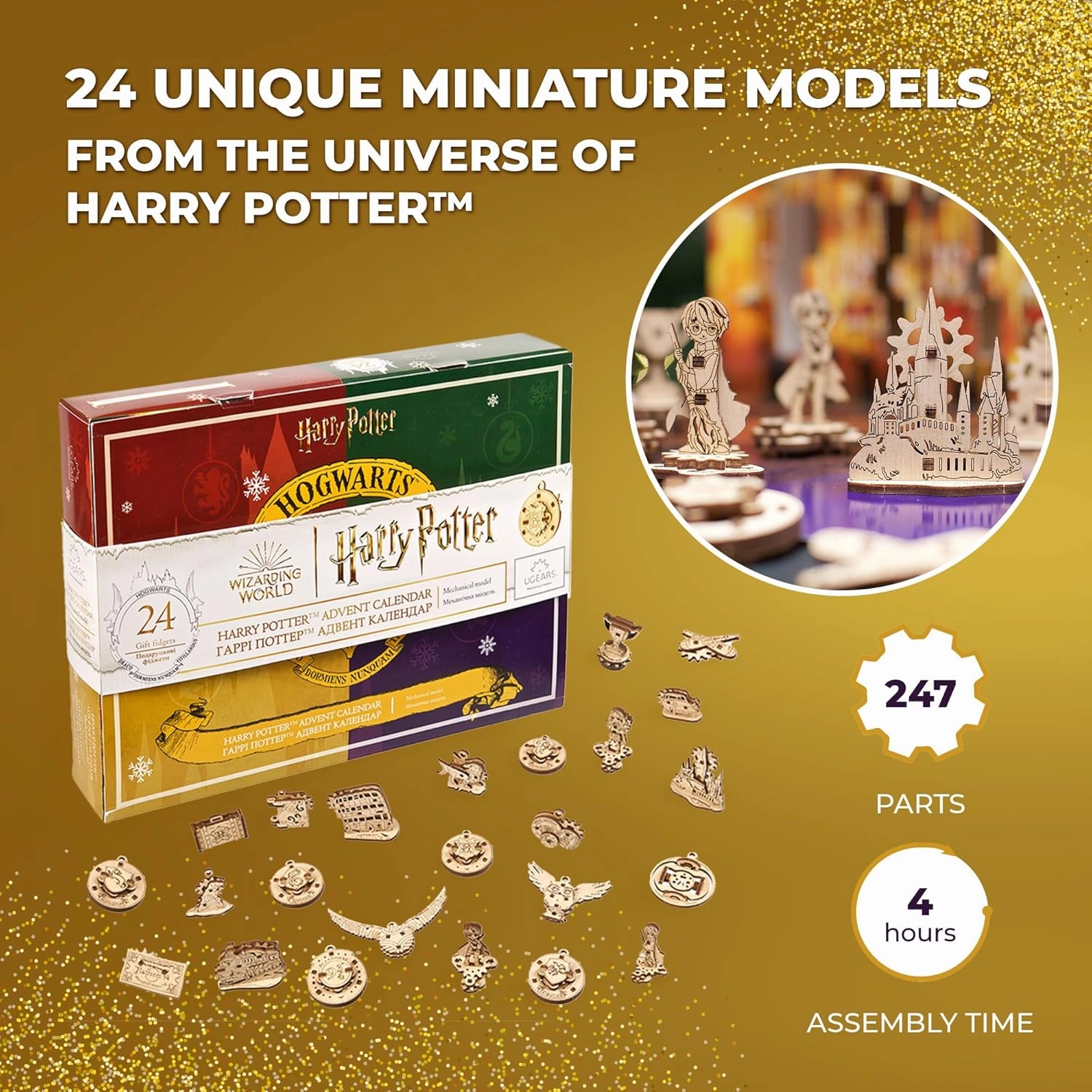 UGEARS Harry Potter Advent Calendar – Christmas Countdown with 24 Wooden Fidget Models to Build – Holiday Calendar with Tree Decorations