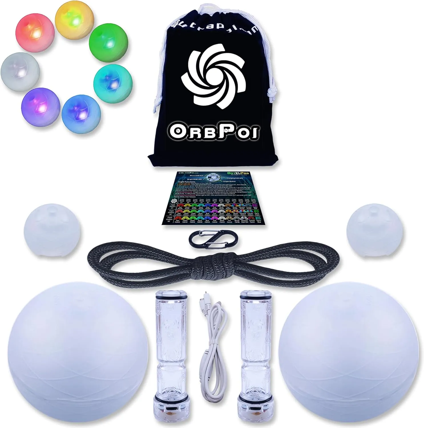 UltraPoi OrbPoi Set - Orb Poi w/Non LED Knob Handles - USB Rechargeable Contact LED Poi Balls w/ 30  Color Modes & Flashing Patterns - LED Poi Spinning Balls w/Soft Durable Cases - Flow Arts Toy