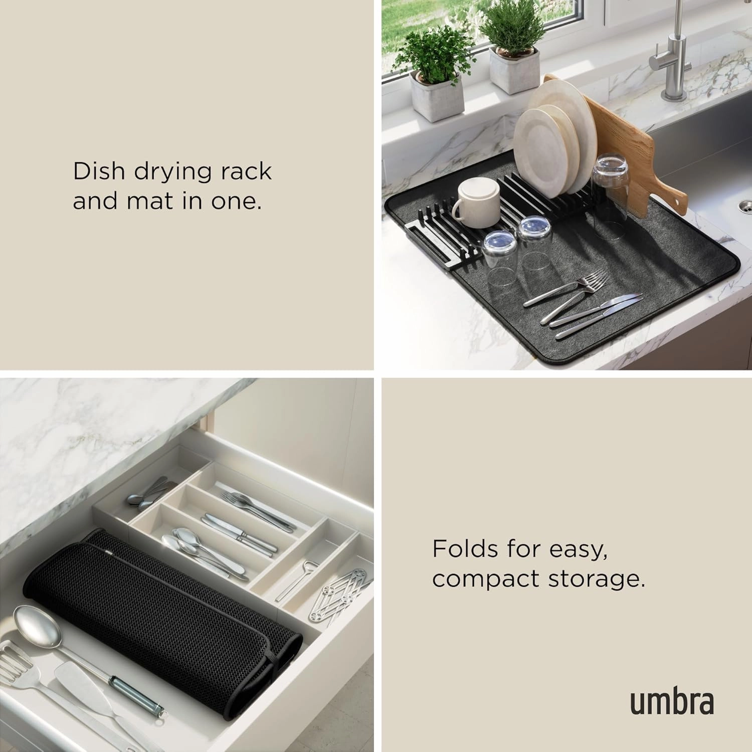 Umbra Udry Dish Rack and Microfiber Drying Mat – Space-Saving Design Folds Up for Easy Storage, Basic Rack, Black