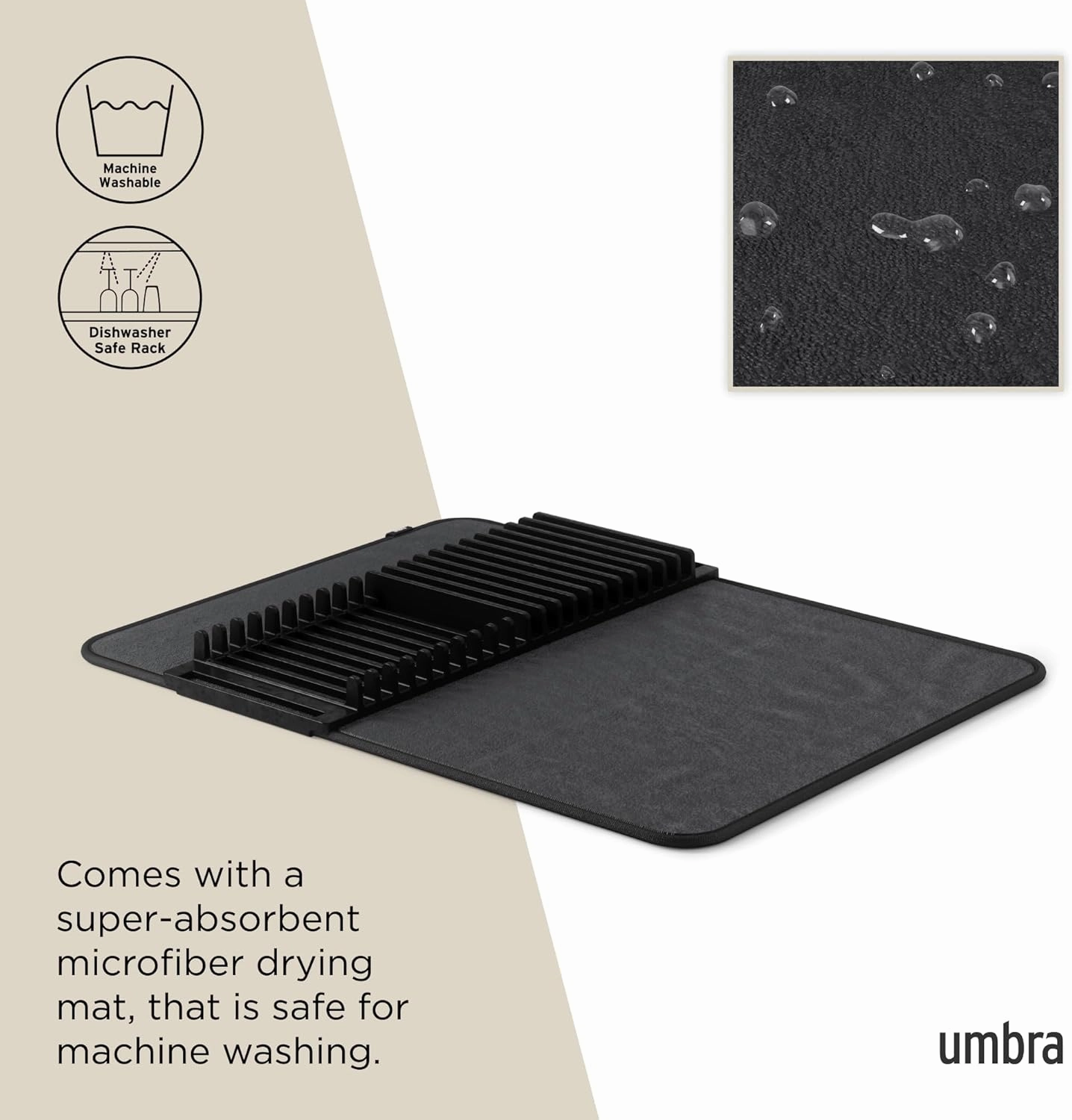 Umbra Udry Dish Rack and Microfiber Drying Mat – Space-Saving Design Folds Up for Easy Storage, Basic Rack, Black