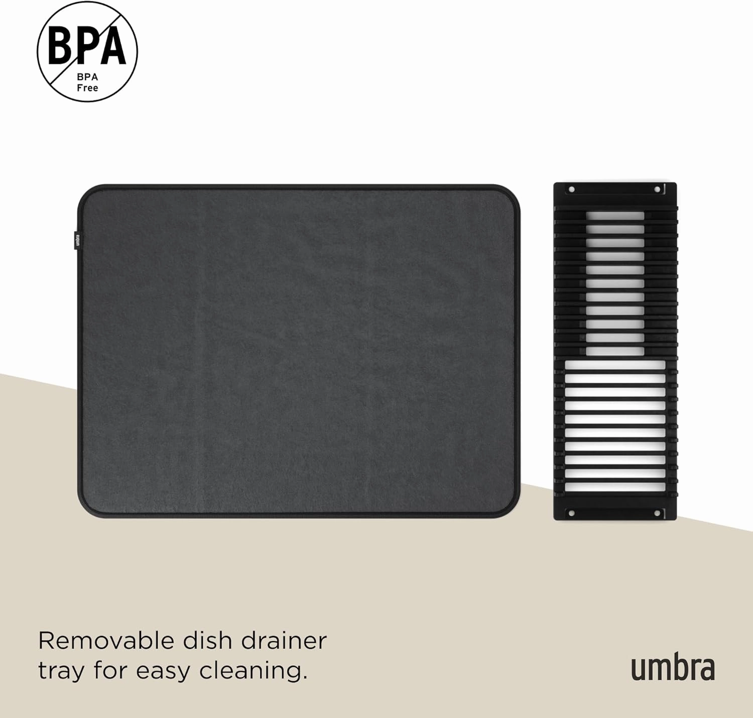 Umbra Udry Dish Rack and Microfiber Drying Mat – Space-Saving Design Folds Up for Easy Storage, Basic Rack, Black