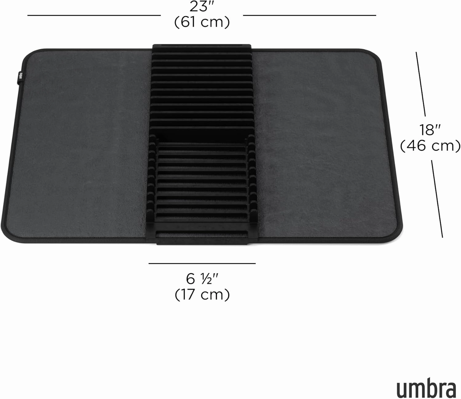 Umbra Udry Dish Rack and Microfiber Drying Mat – Space-Saving Design Folds Up for Easy Storage, Basic Rack, Black