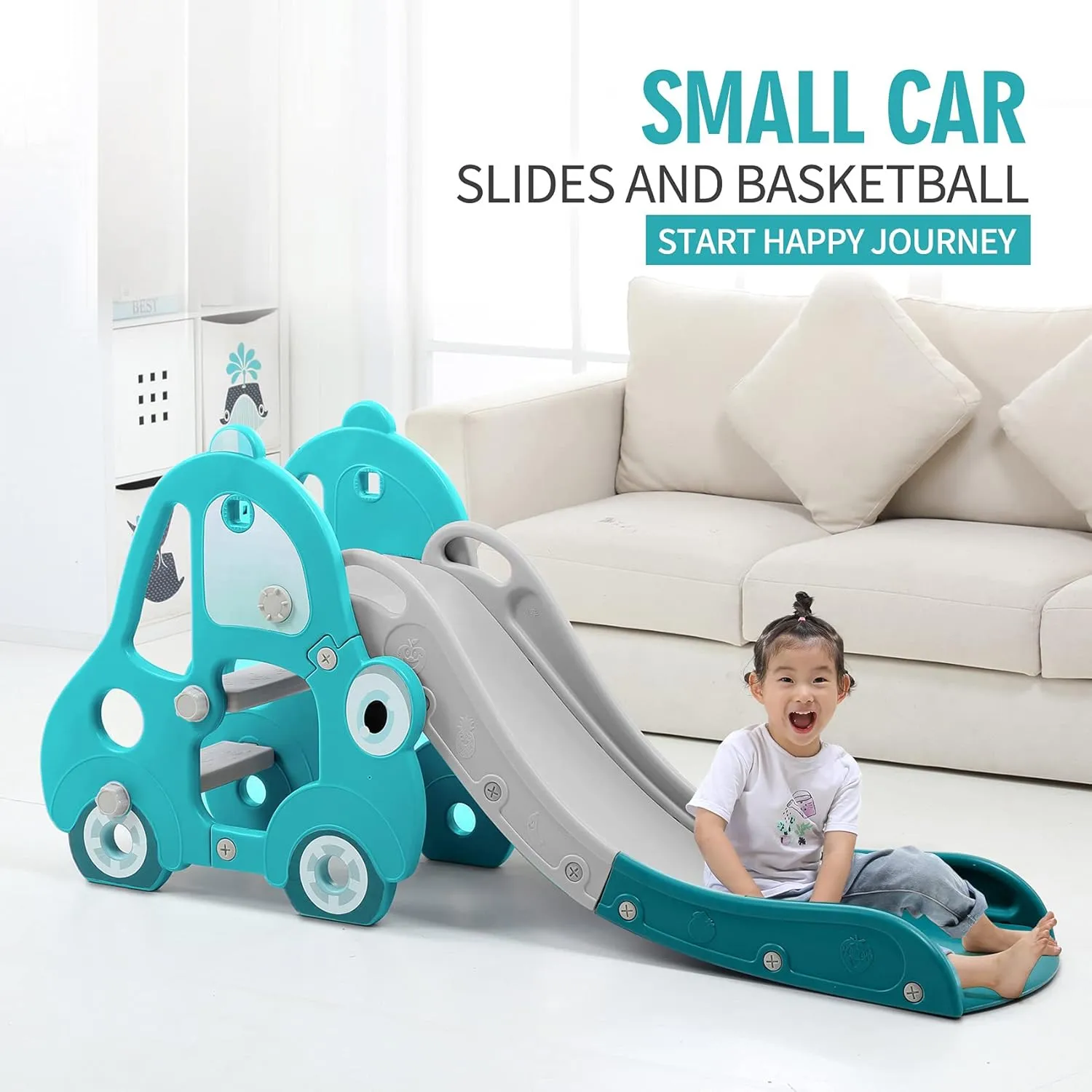 UNICOO – Toddler Slide Kids Slide Play Set with Extra Long Slipping Slope, Basketball Hoop and Ball (Car Slide - Mint Green)
