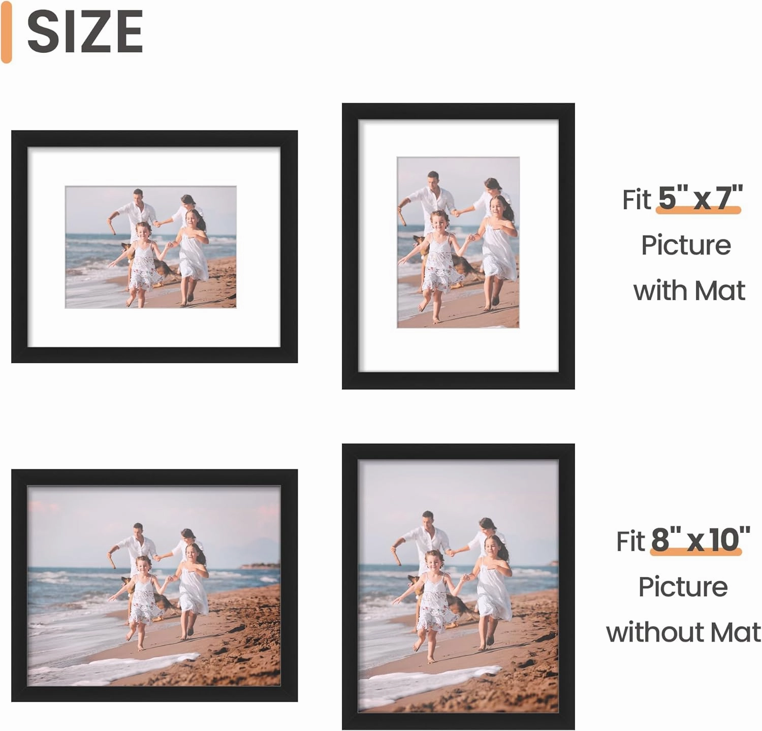 upsimples 8x10 Picture Frame Set of 10, Display Pictures 5x7 with Mat or 8x10 Without, Multi Photo Frames Collage for Wall or Tabletop Display, Black