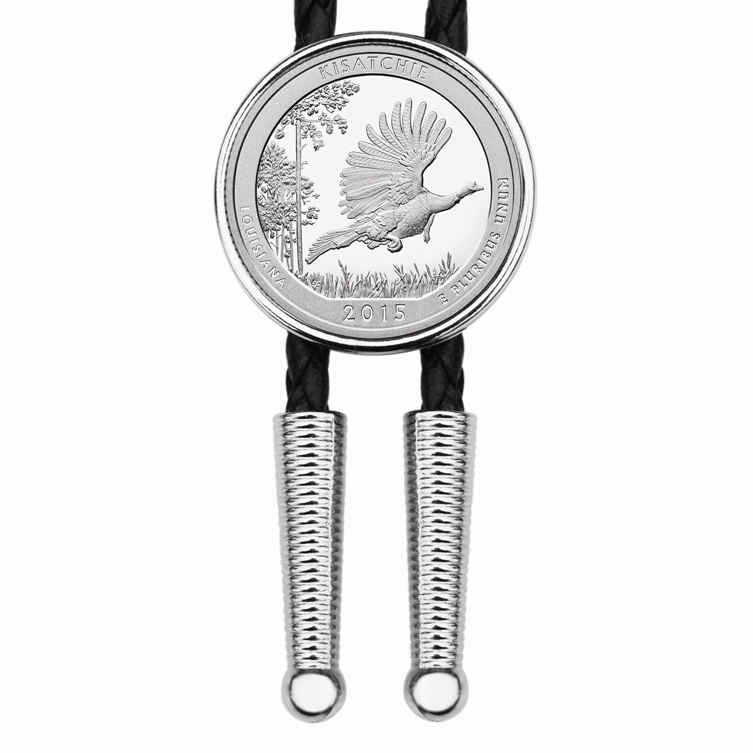 US 2015 Louisiana Kisatchie National Forest Quarter BU Uncirculated Coin Simple Silver Slide 36" Black Leatherette Cord Bolo Tie NEW - America the Beautiful