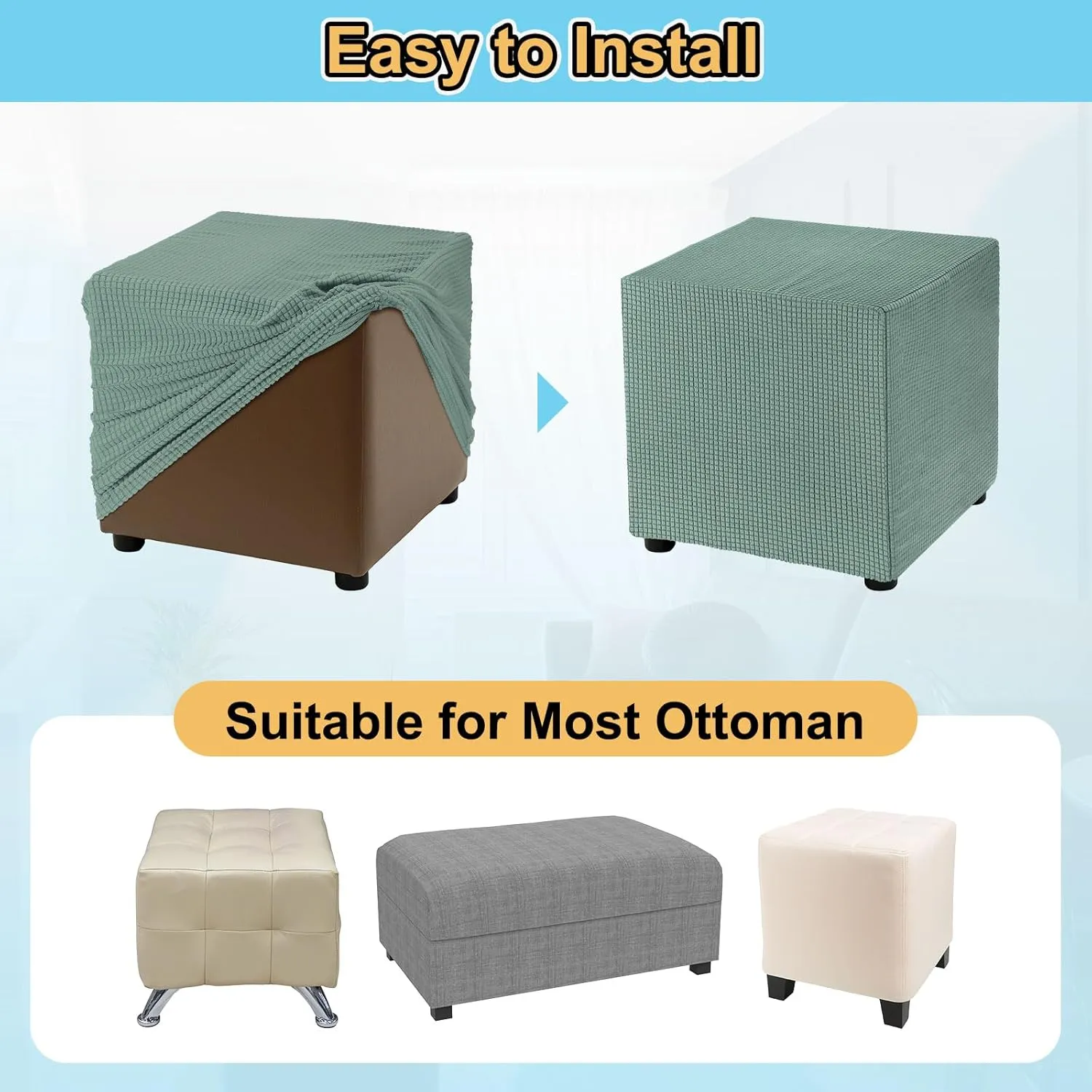 uxcell Stretch Ottoman Cover Rectangular Oversized Square Ottoman Slipcover with Elastic for Foot Stool Living Room Bedroom Fit Length 130-160cm / 51"-63", X-Large, Bean Green