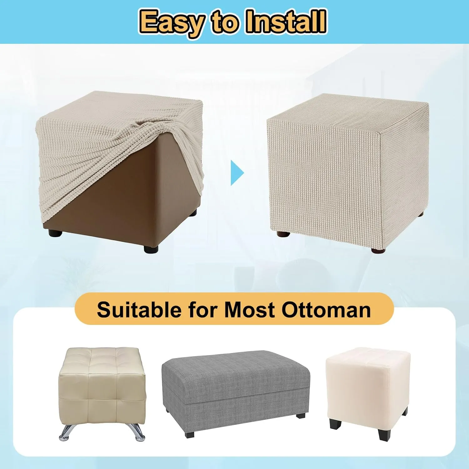 uxcell Stretch Ottoman Cover Rectangular Oversized Square Ottoman Slipcover with Elastic for Foot Stool Living Room Bedroom Fit Length 130-160cm / 51"-63", X-Large, Beige