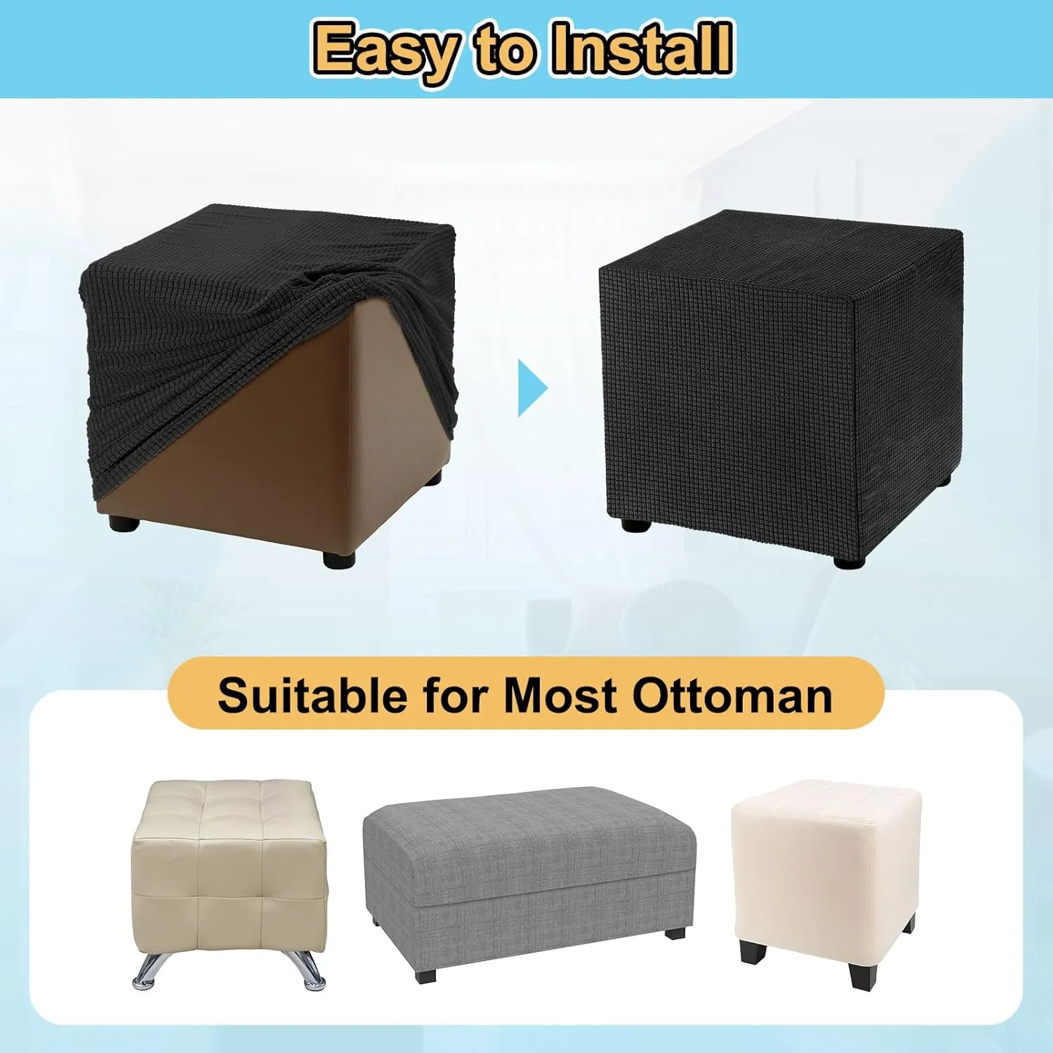 uxcell Stretch Ottoman Cover Rectangular Oversized Square Ottoman Slipcover with Elastic for Foot Stool Living Room Bedroom Fit Length 130-160cm / 51"-63", X-Large, Black