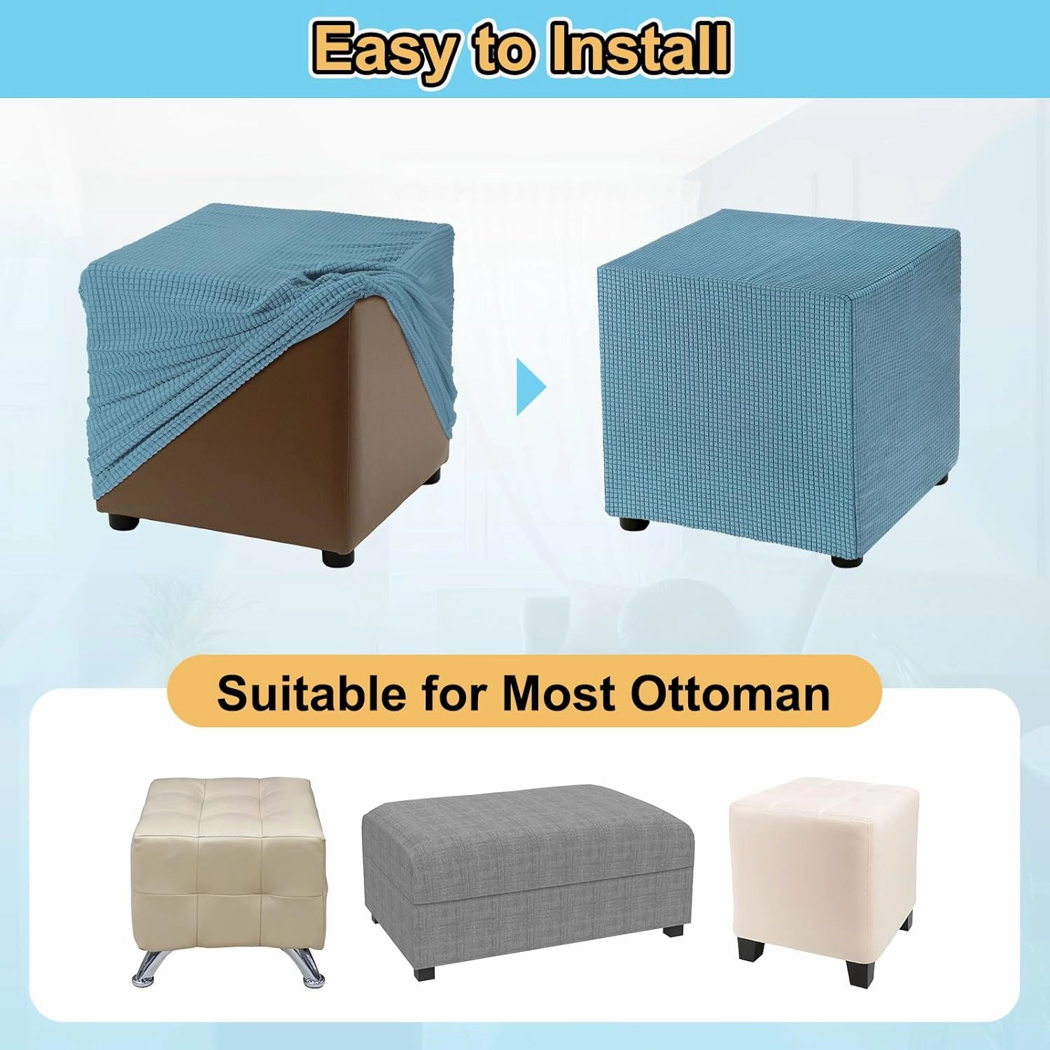 uxcell Stretch Ottoman Cover Rectangular Oversized Square Ottoman Slipcover with Elastic for Foot Stool Living Room Bedroom Fit Length 130-160cm / 51"-63", X-Large, Blue