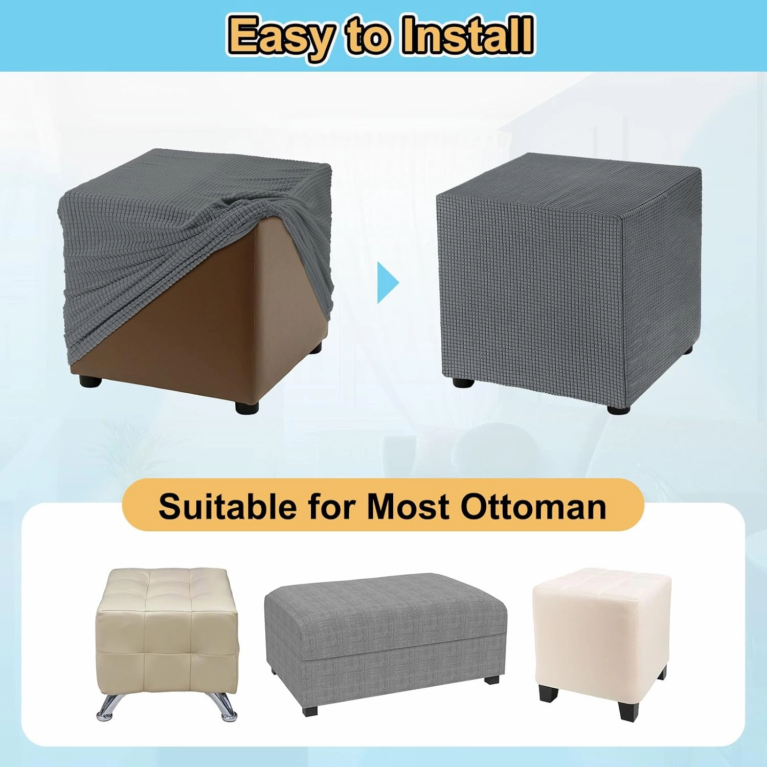 uxcell Stretch Ottoman Cover Rectangular Oversized Square Ottoman Slipcover with Elastic for Foot Stool Living Room Bedroom Fit Length 130-160cm / 51"-63", X-Large, Dark Gray