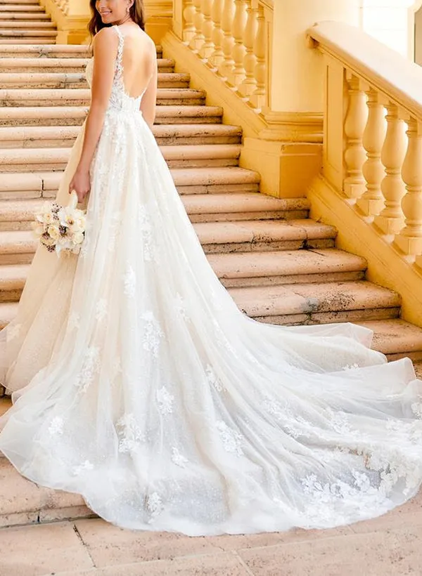 V neck Ball Gown Wedding Dress with Open Back in Lace/Tulle