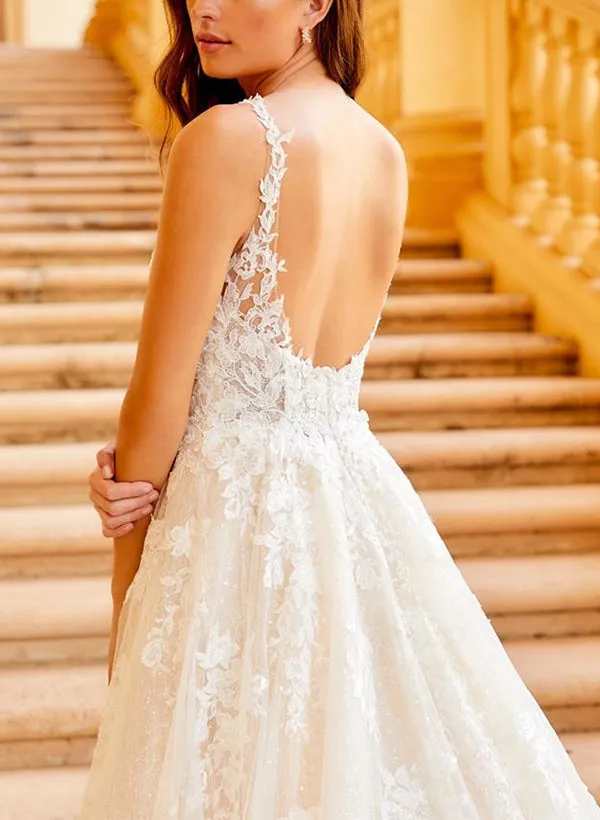 V neck Ball Gown Wedding Dress with Open Back in Lace/Tulle