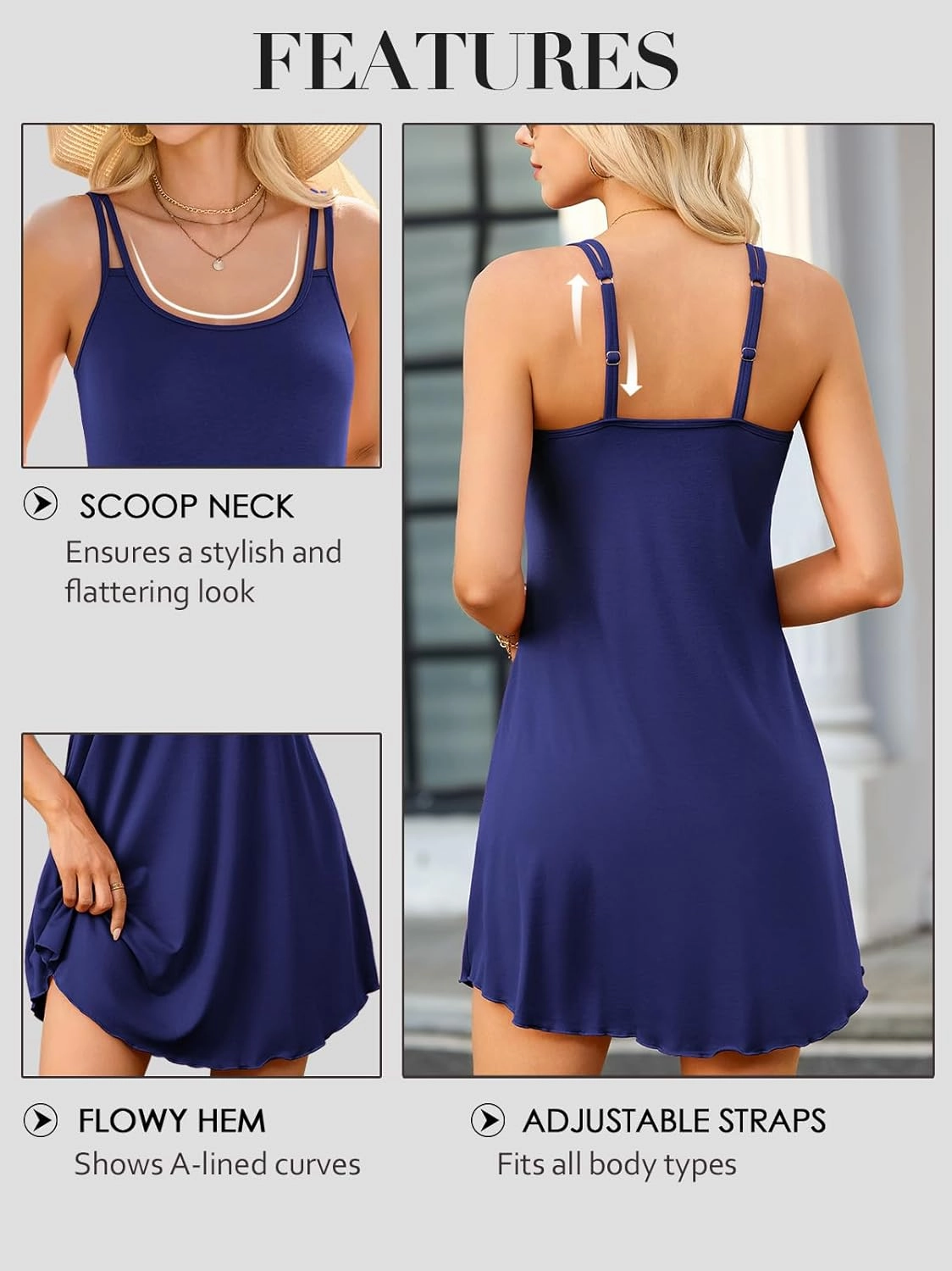 V FOR CITY Womens Summer Dresses with Built in Bra Double Spaghetti Strap Beach Dress Scoop Neck Sundresses with Pockets