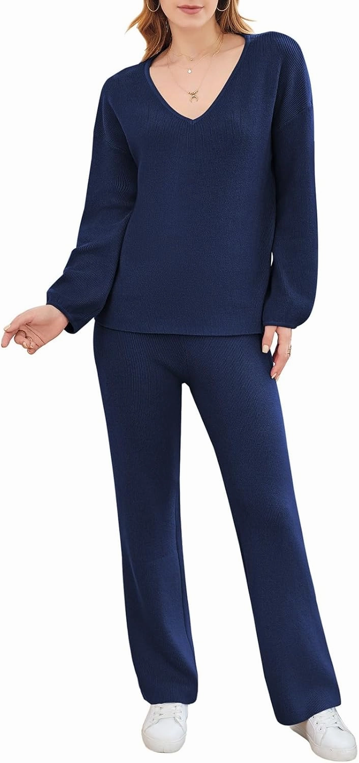 VamJump Women's 2 Piece Outfits V Neck Long Sleeve Sweater Pullover Top Wide Leg Pants Sweatsuit Lounge Sets