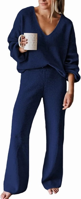 VamJump Women's 2 Piece Outfits V Neck Long Sleeve Sweater Pullover Top Wide Leg Pants Sweatsuit Lounge Sets