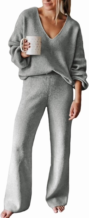 VamJump Women's 2 Piece Outfits V Neck Long Sleeve Sweater Pullover Top Wide Leg Pants Sweatsuit Lounge Sets