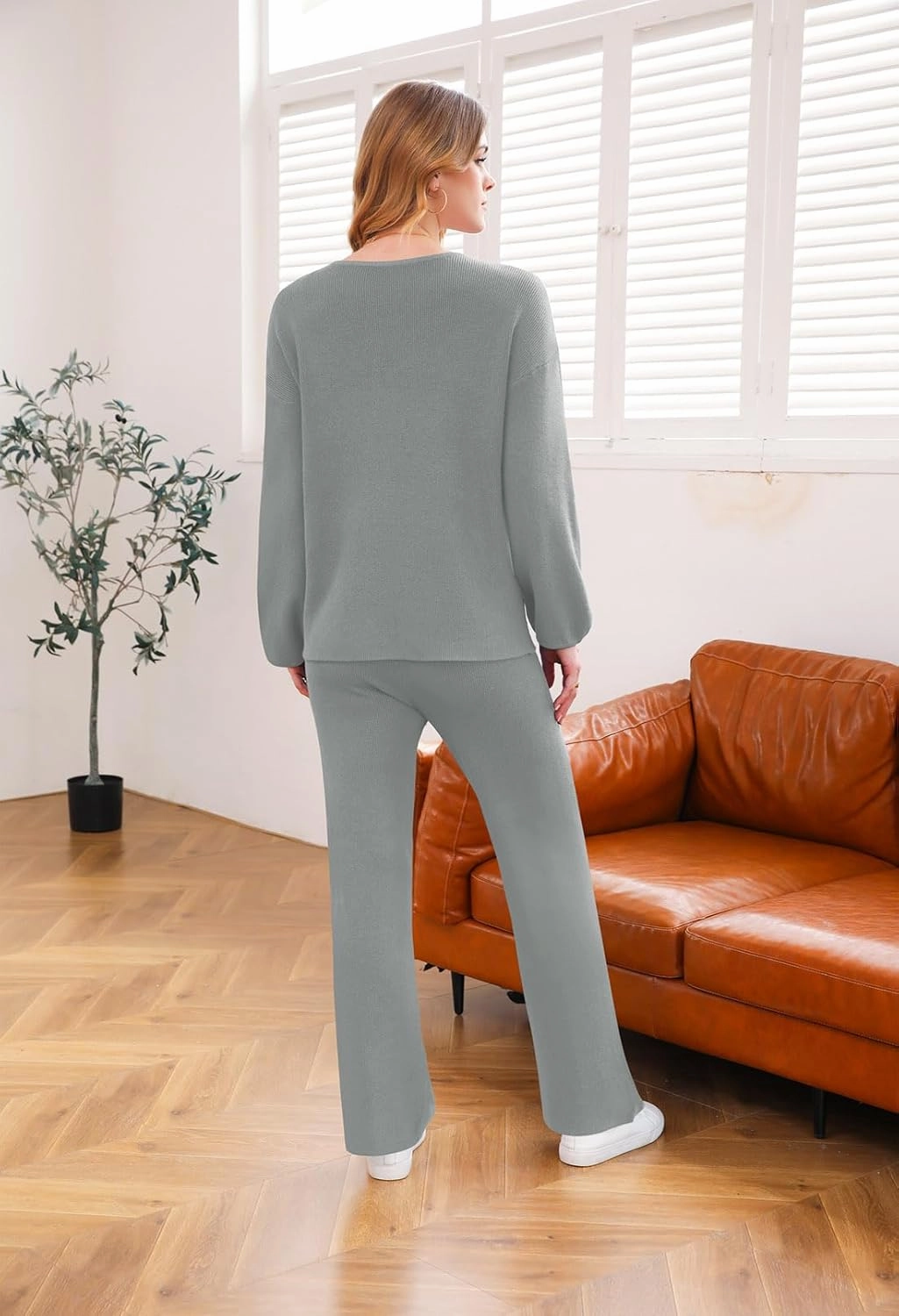 VamJump Women's 2 Piece Outfits V Neck Long Sleeve Sweater Pullover Top Wide Leg Pants Sweatsuit Lounge Sets