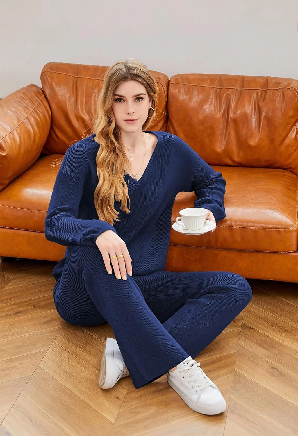 VamJump Women's 2 Piece Outfits V Neck Long Sleeve Sweater Pullover Top Wide Leg Pants Sweatsuit Lounge Sets