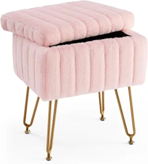 Vanity Stool Chair with Storage, Ottoman Faux Fur Soft Padded Makeup Footstools Seat with 4 Metal Legs