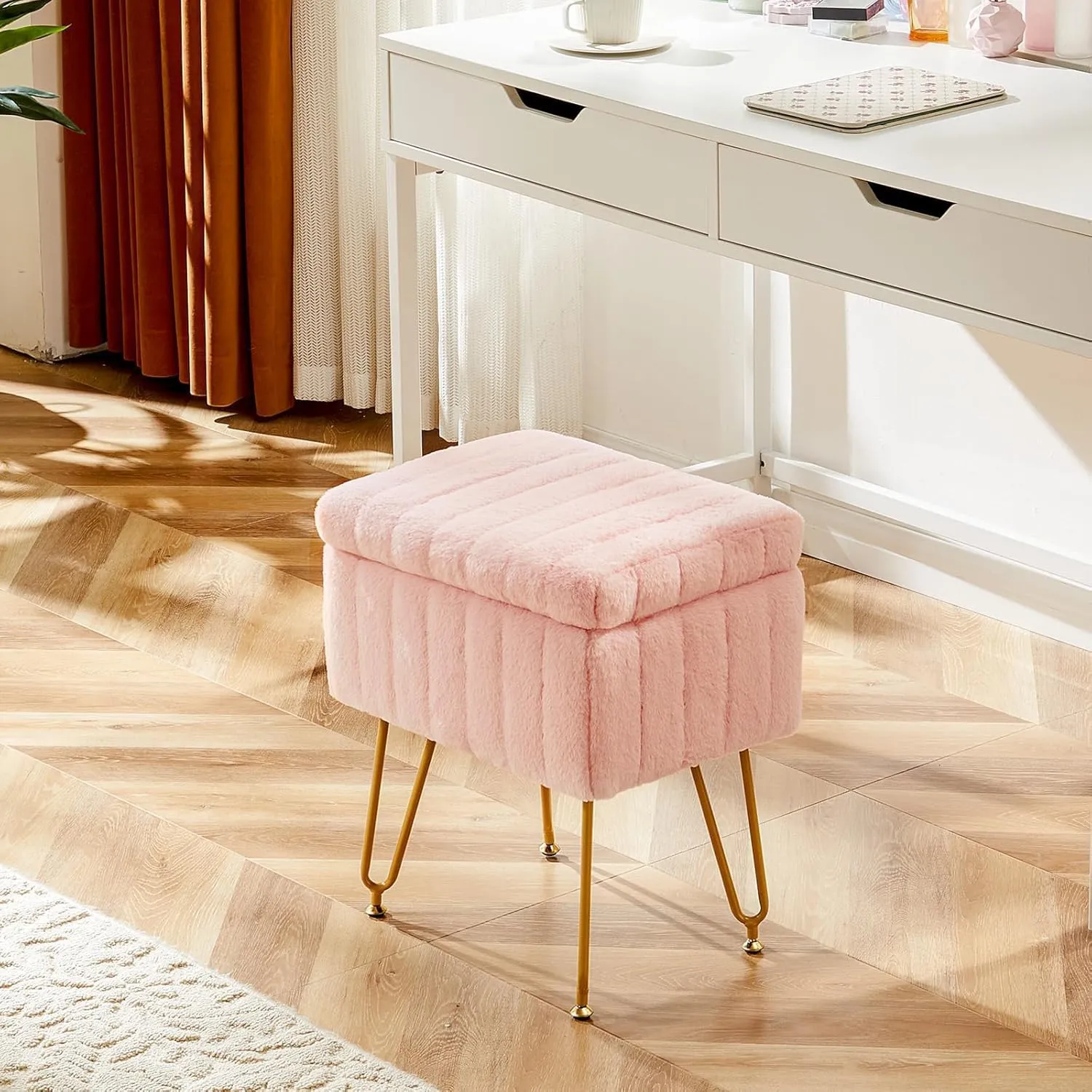 Vanity Stool Chair with Storage, Ottoman Faux Fur Soft Padded Makeup Footstools Seat with 4 Metal Legs