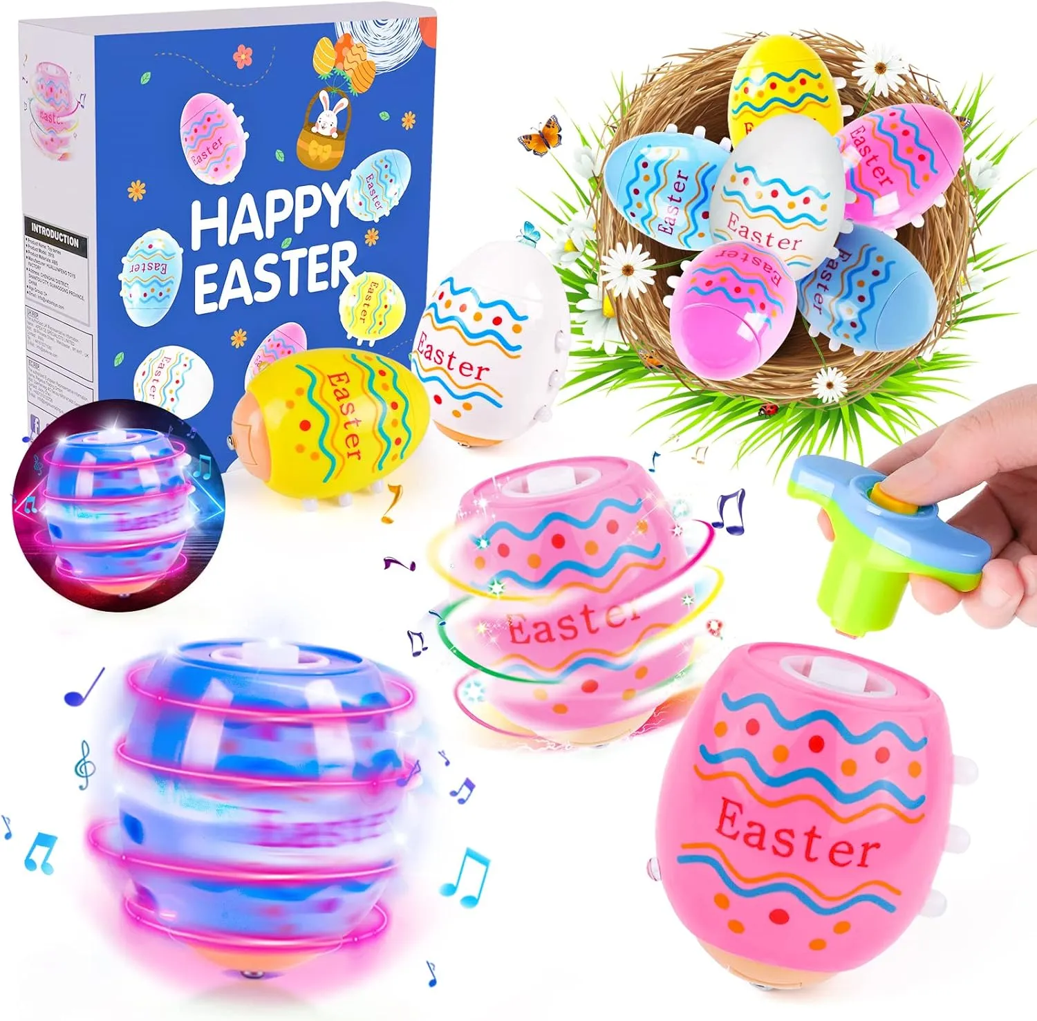 Vatos Easter Toys Eggs for Kids - 6 Pack Lighting & Spining & Singing Plastic Colorful Easter Toys Egss, Easter Basket Stuffers Party Favors Easter Toys Gifts for Kids 3  Boys Girls