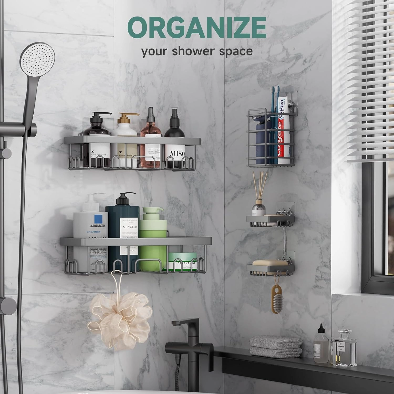 Veken Adhesive Shower Caddy 5-Pack,Heavy Weight Bearing,Large Wall Mounted Shower Shelves Rack,Organizer Storage Accessories with Soap Dish&Toothbrush Holder,Ideal for Bathroom,Home&Kitchen,Gray