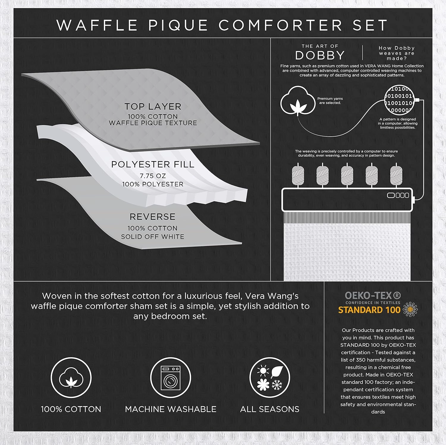Vera Wang - King Comforter Set, Luxury Cotton Bedding with Matching Shams, Medium Weight & Ideal for All Seasons (Waffle Pique King, White)