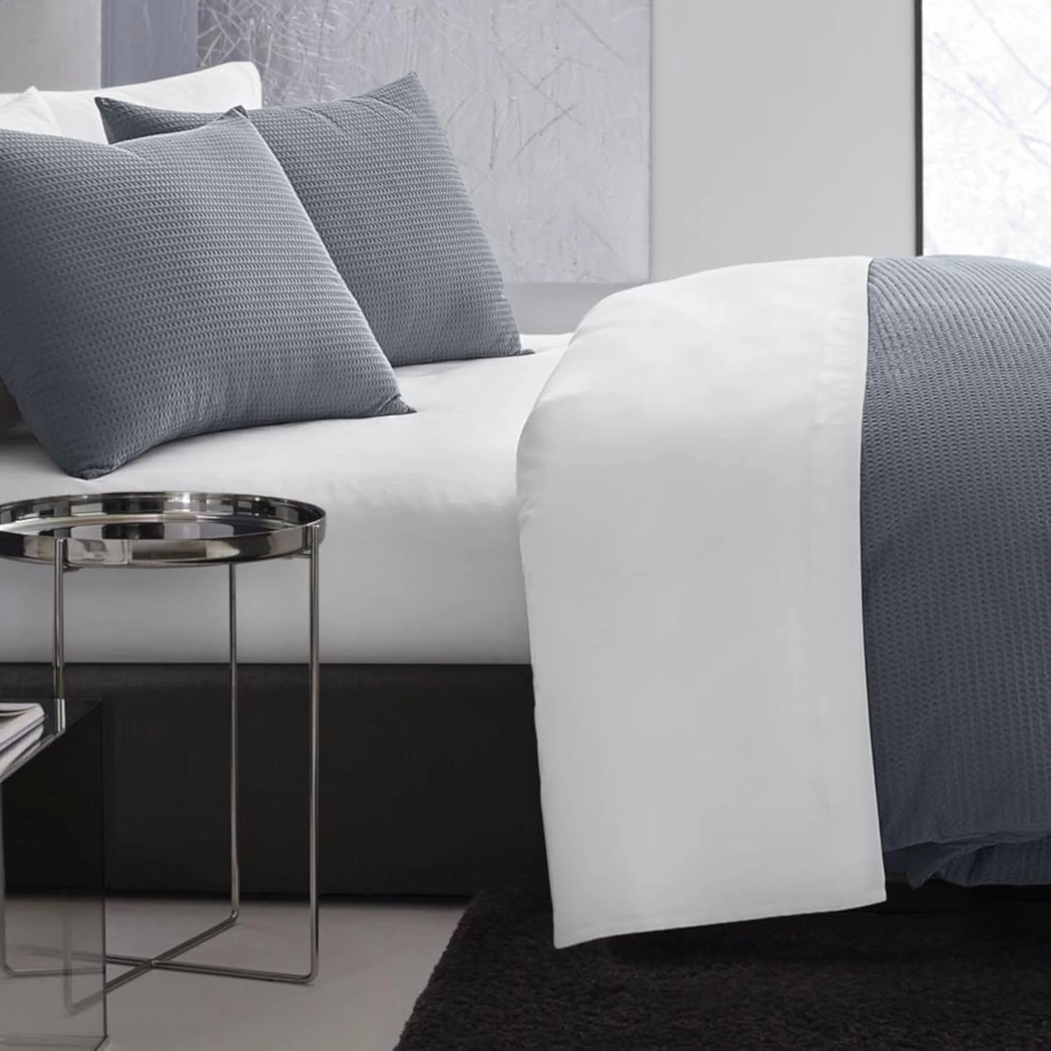 Vera Wang - Queen Duvet Cover Set, Soft Cotton Bedding Set with Matching Shams, Button Closure, Chic Room Essentials (Waffle Pique Midnight Blue, Queen)