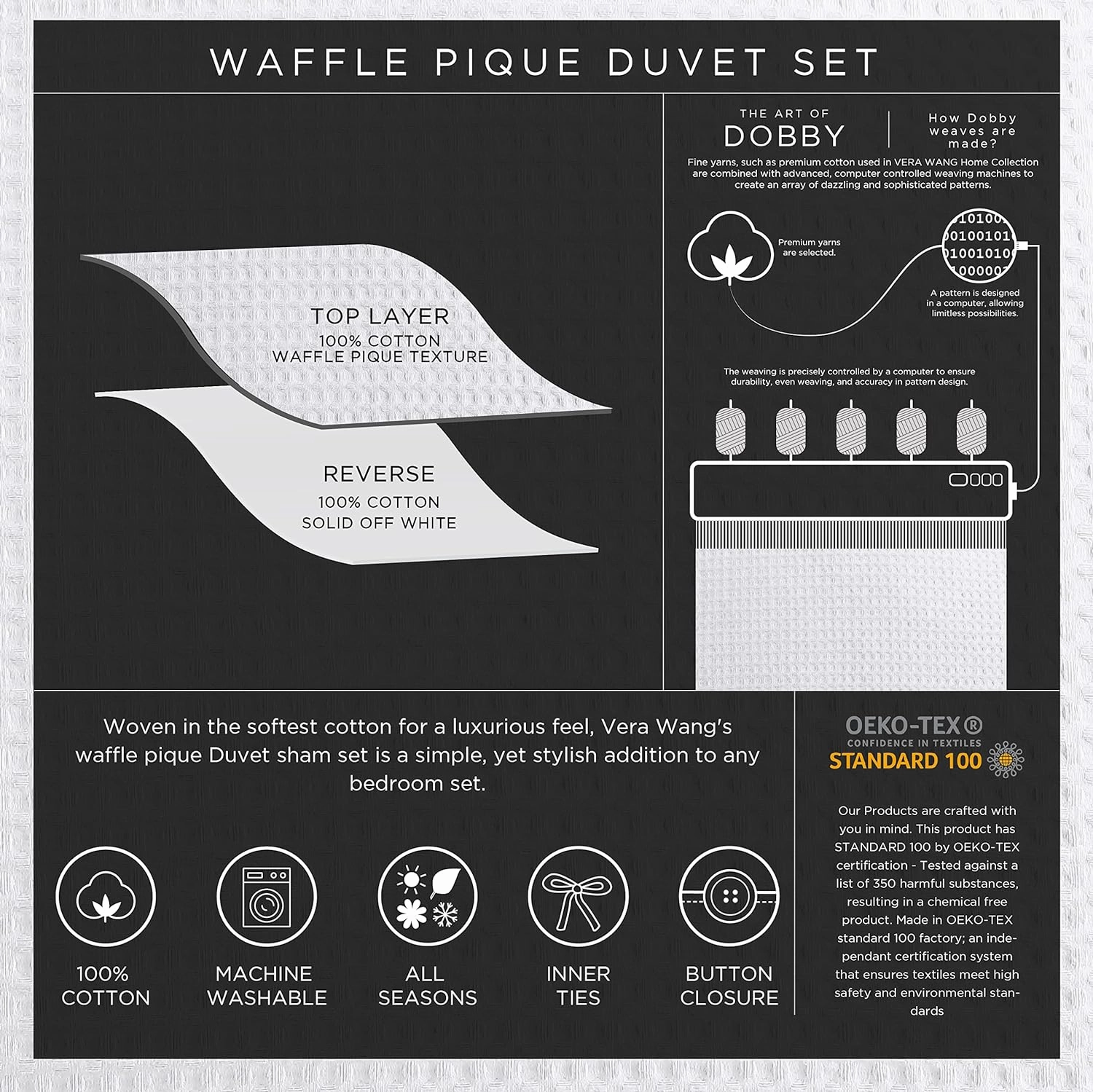 Vera Wang - Queen Duvet Cover Set, Soft Cotton Bedding Set with Matching Shams, Button Closure, Chic Room Essentials (Waffle Pique Midnight Blue, Queen)