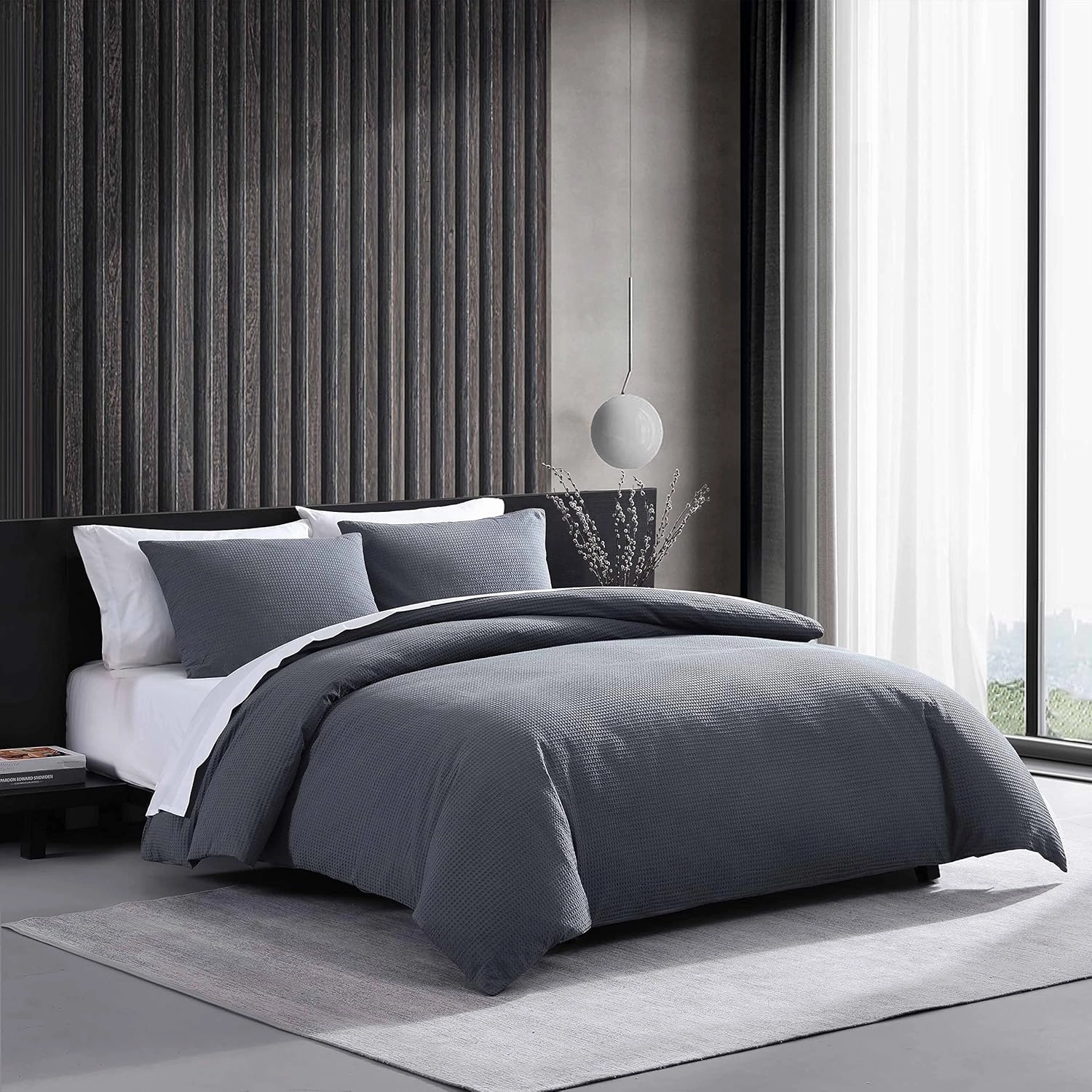 Vera Wang - Queen Duvet Cover Set, Soft Cotton Bedding Set with Matching Shams, Button Closure, Chic Room Essentials (Waffle Pique Midnight Blue, Queen)