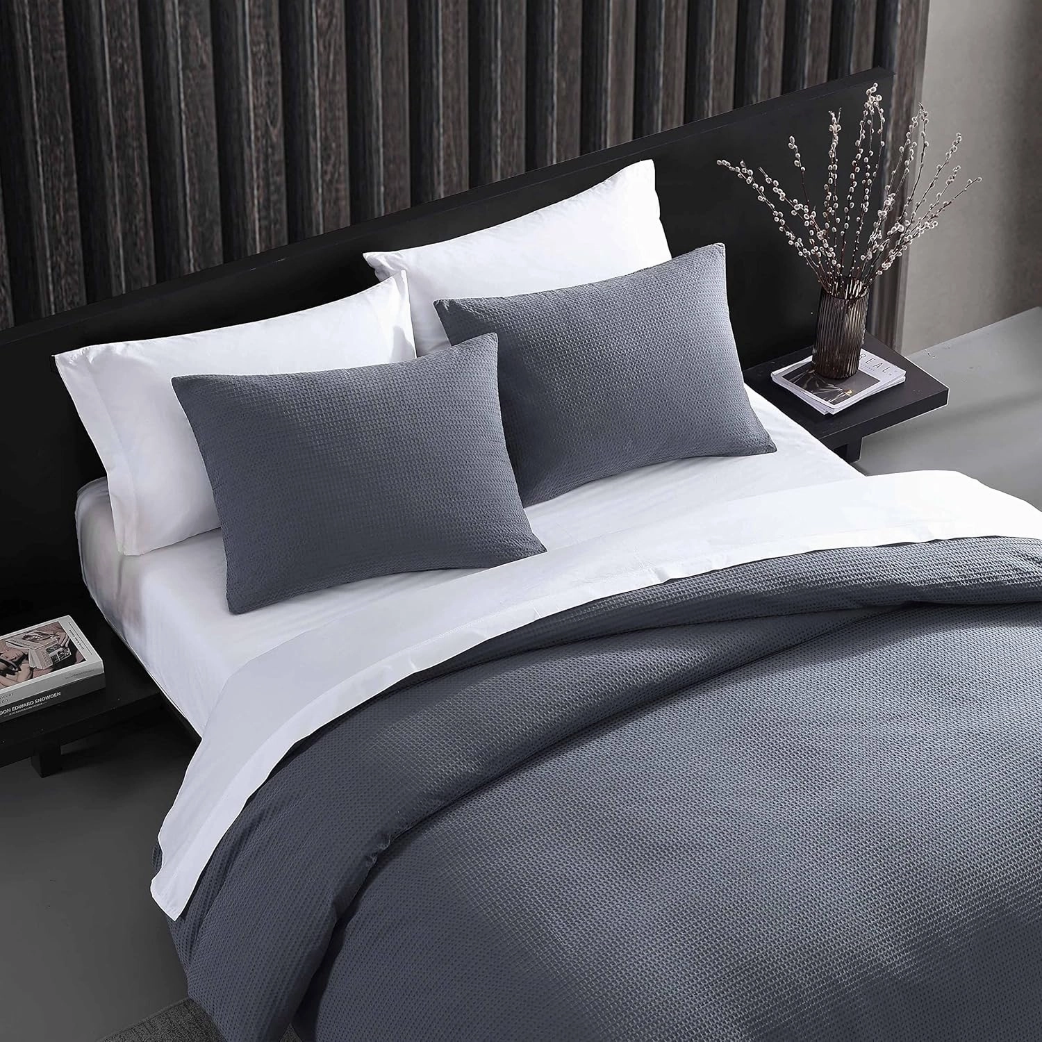 Vera Wang - Queen Duvet Cover Set, Soft Cotton Bedding Set with Matching Shams, Button Closure, Chic Room Essentials (Waffle Pique Midnight Blue, Queen)