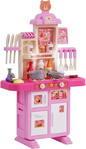 VEVOR Kids Kitchen Playset 48PCS, Pretend Play Kitchen with Cooking Stove with Steam, Sounds and Lights, Play Sink and Play Food, Toy Kitchen Set for Toddlers (Pink) Size 18.5" x 9.4" x 30.7"