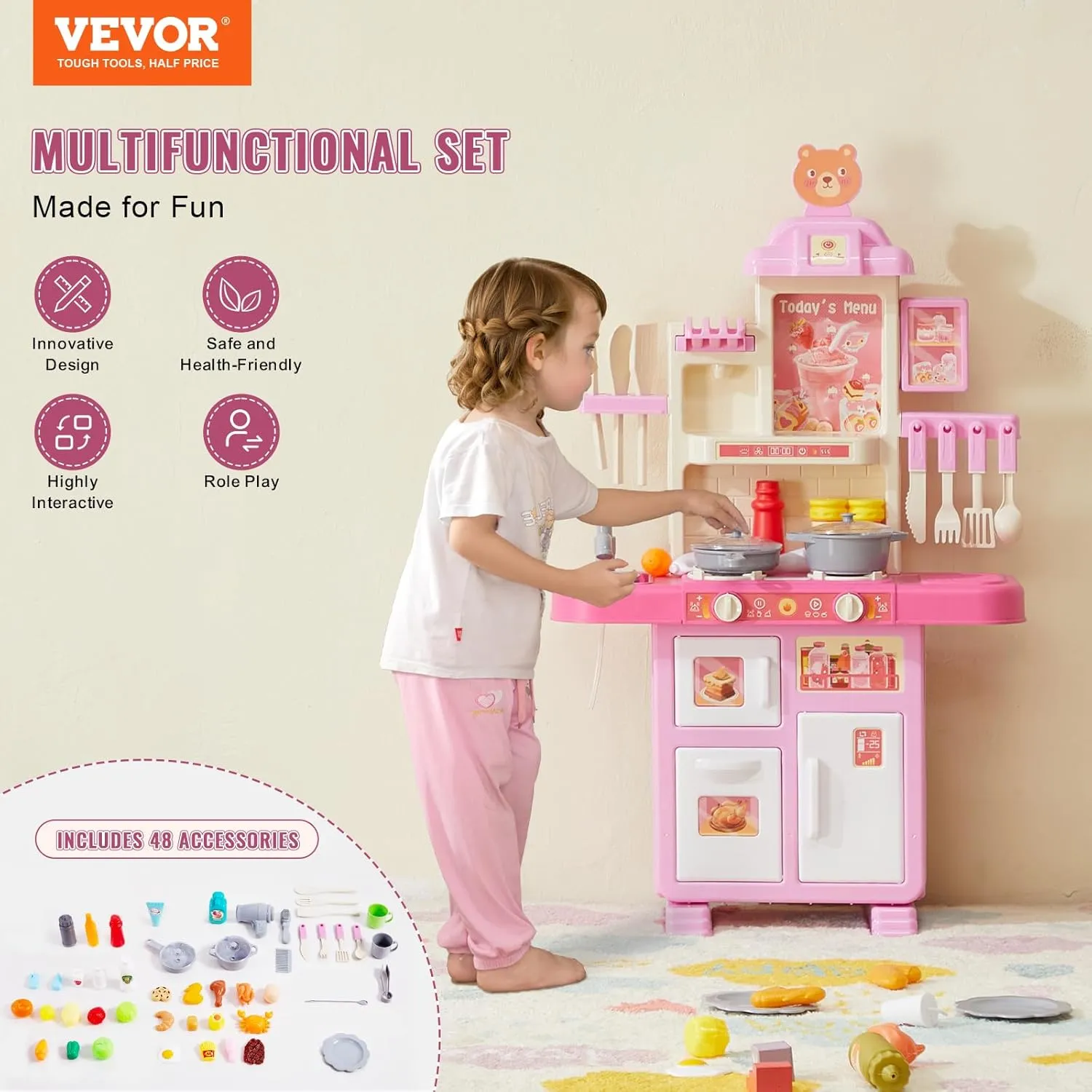 VEVOR Kids Kitchen Playset 48PCS, Pretend Play Kitchen with Cooking Stove with Steam, Sounds and Lights, Play Sink and Play Food, Toy Kitchen Set for Toddlers (Pink) Size 18.5" x 9.4" x 30.7"