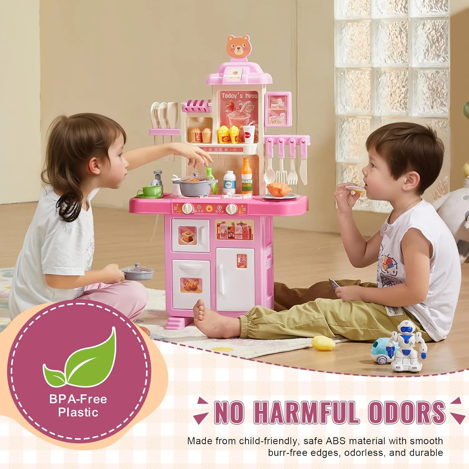 VEVOR Kids Kitchen Playset 48PCS, Pretend Play Kitchen with Cooking Stove with Steam, Sounds and Lights, Play Sink and Play Food, Toy Kitchen Set for Toddlers (Pink) Size 18.5" x 9.4" x 30.7"