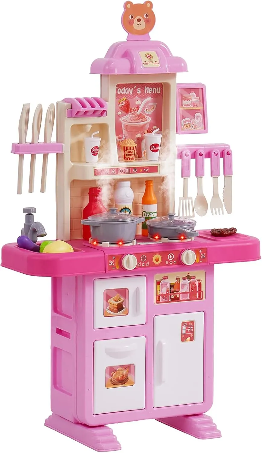 VEVOR Kids Kitchen Playset 48PCS, Pretend Play Kitchen with Cooking Stove with Steam, Sounds and Lights, Play Sink and Play Food, Toy Kitchen Set for Toddlers (Pink) Size 18.5" x 9.4" x 30.7"