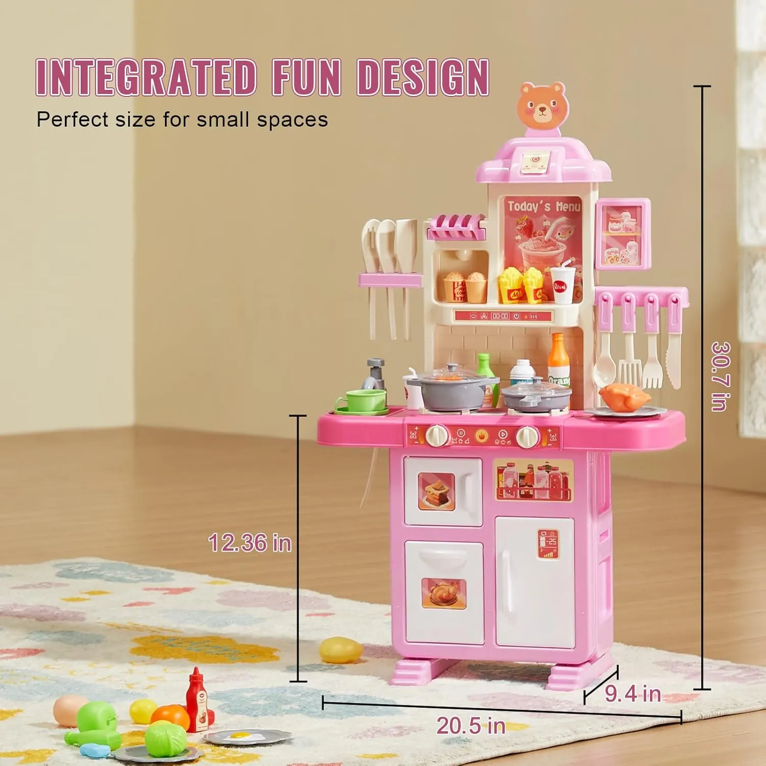 VEVOR Kids Kitchen Playset 48PCS, Pretend Play Kitchen with Cooking Stove with Steam, Sounds and Lights, Play Sink and Play Food, Toy Kitchen Set for Toddlers (Pink) Size 18.5" x 9.4" x 30.7"
