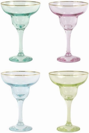 Vietri Viva Rainbow Assorted Margarita Glasses Set of 4 4oz Cocktail Drinkware with Gold Rim 6.5 Inch Multicolor
