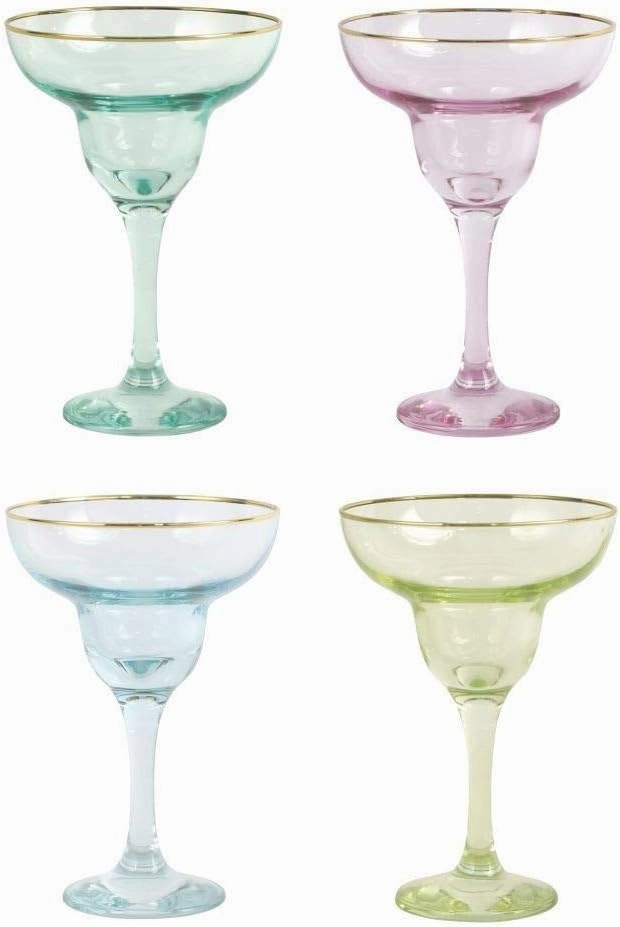 Vietri Viva Rainbow Assorted Margarita Glasses Set of 4 4oz Cocktail Drinkware with Gold Rim 6.5 Inch Multicolor