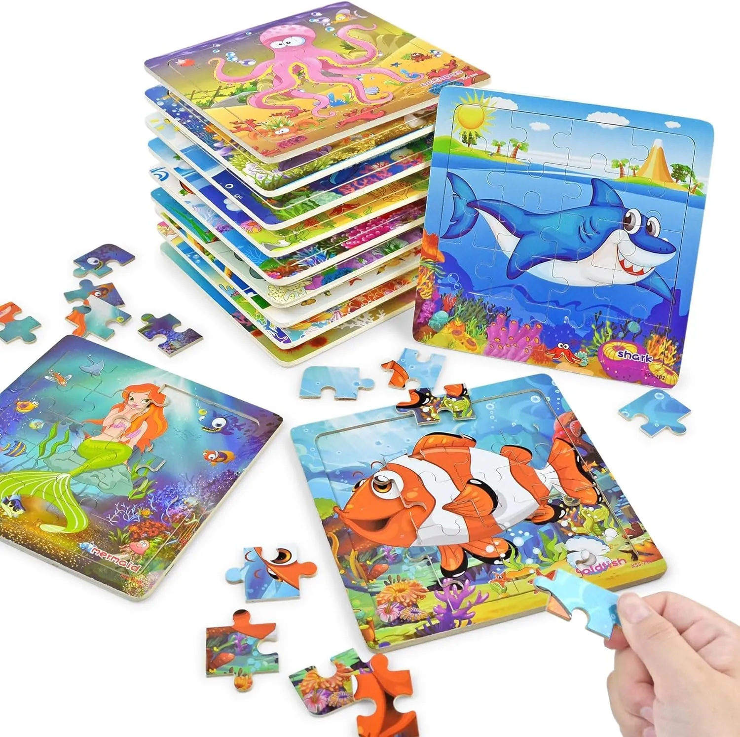 Vileafy Party Favors Puzzles for Kids Age 4-8, 12 Pack Sea Animals with Organza Bags, Wooden Jigsaw Puzzle for Boys and Girls Ages 4-6, 20 Pieces Per Puzzle
