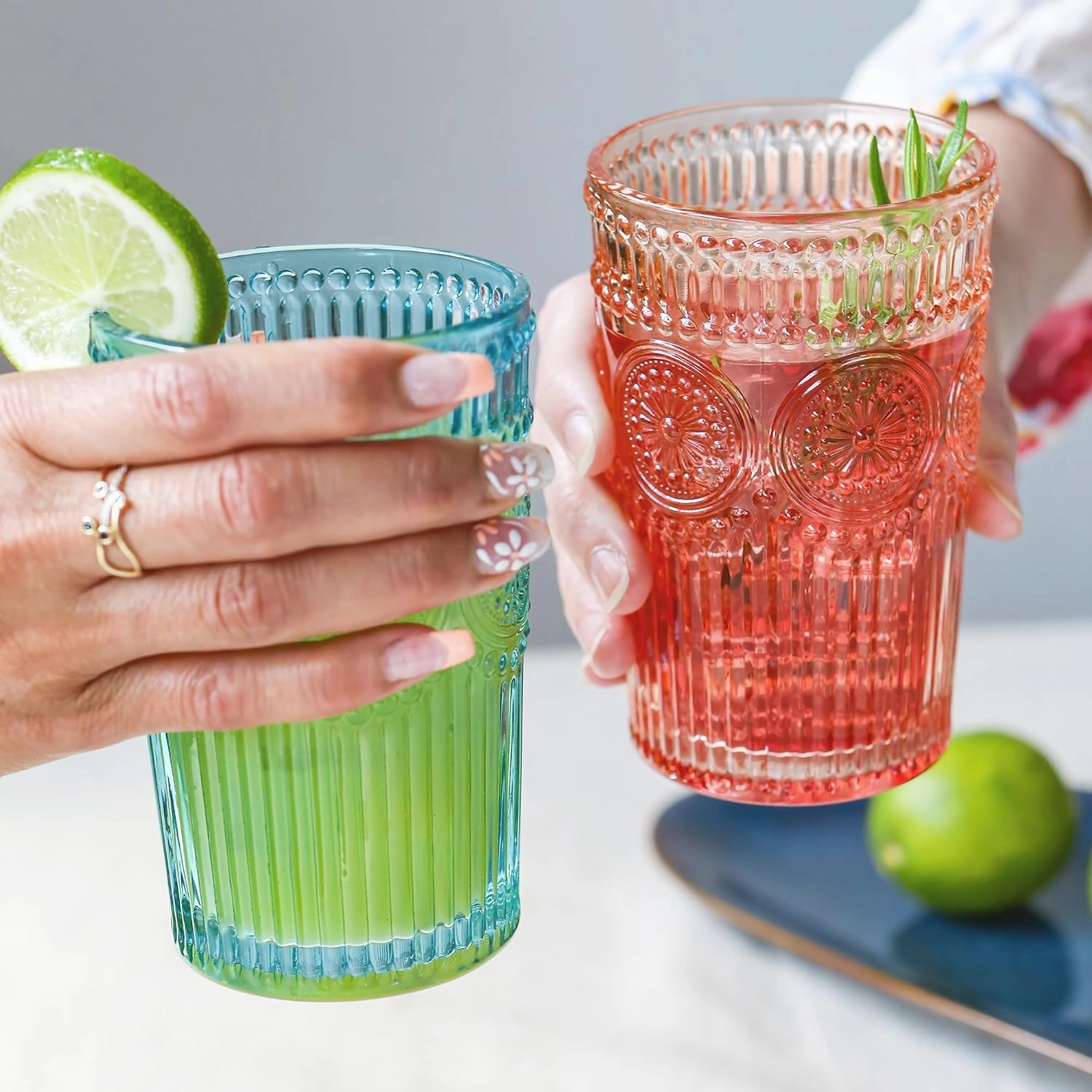 Vintage Textured Aqua Blue Striped Drinking Glasses Set of 6-13 oz Ribbed Glassware with Flower Design | Cocktail Set, Juice Glass, Water Tumbler
